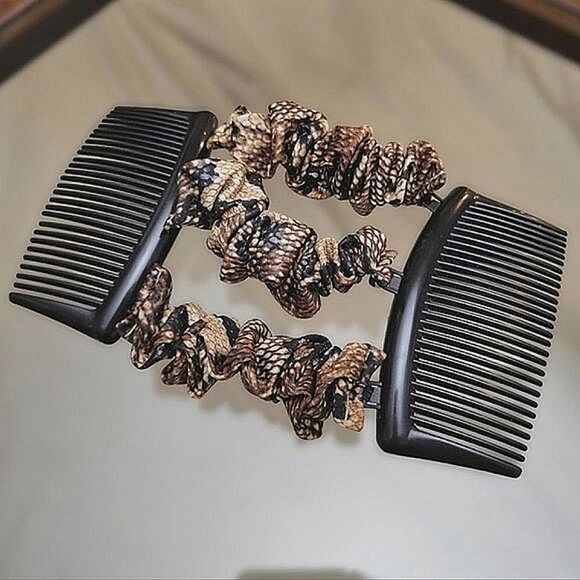 Vtg Y2K brown snake print double comb faux silk scrunchie hair fastener - Picture 2 of 7